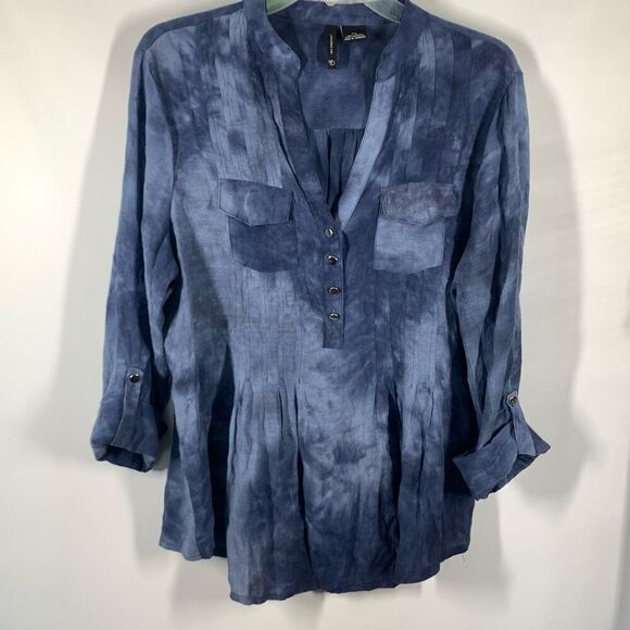 New Directions Womens Tie Dyed Split Neck Roll Tab Sleeve Blouse Blue Size XL - Picture 1 of 7